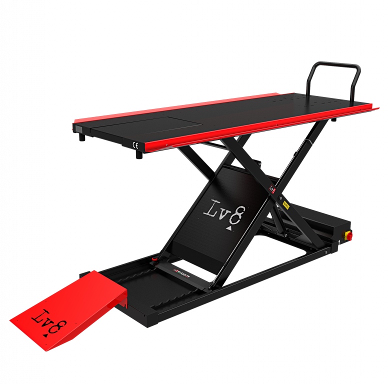 Motorcycle lift LV8 EG800HCE.R GOLDRAKE 800HC FLOOR VERSION with electro hydraulic unit black and red RAL 3002 Motorcycle lifts LV8 E shop UKOTECH Marko Ukota s.p. EN